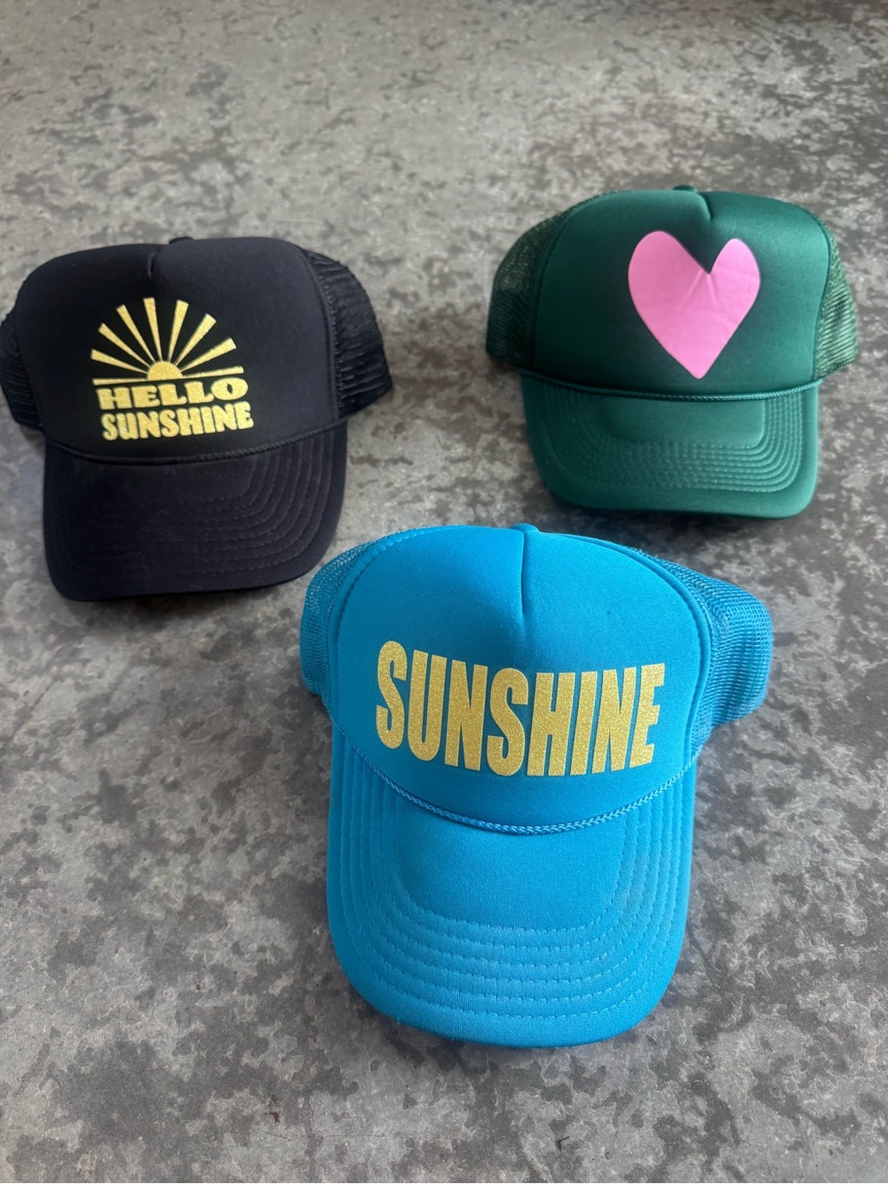 Set of 3 Graphic Trucker Hats - Blue Sunshine, Black Hello Sunshine, Green Heart